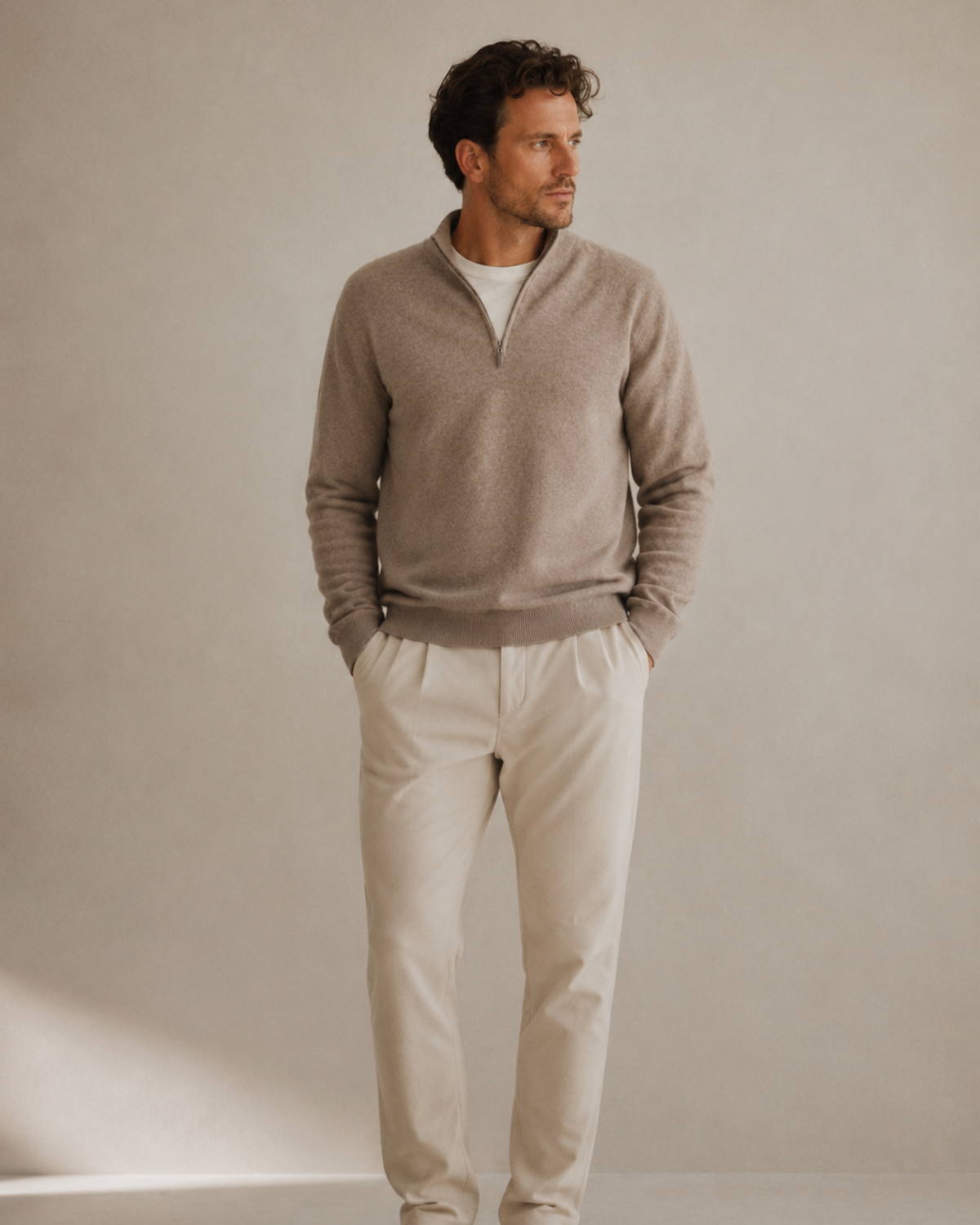 Quarter Zip-Beige | 100% Wool